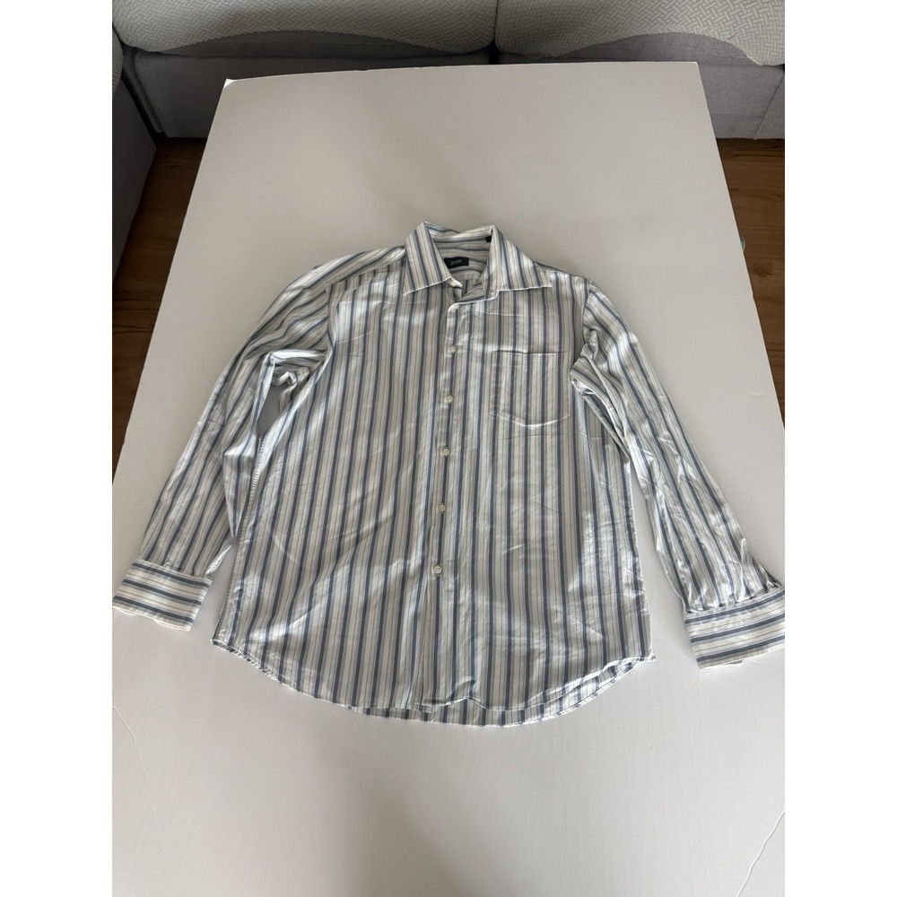 Hugo Boss Button Down Shirt Mens 16.5 34/35 Blue Gray Striped Dress Shirt